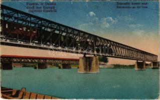 Eszék, Essegg, Osijek; Zeljeznicki dravski most / Bahnbrücke an der Drau / Dráva híd, vasúti híd, vonat. Vasúti Levelezőlapárúsítás 34 sz. -1917 / railway bridge, train (kopottélek / worn edges)