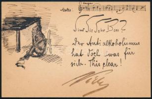 cca 1900 Kézzel rajzolt, humoros német nyelvű képeslap, Czullik Betti (Czullik Ágost, a Liechtenstein hercegi kertek igazgatója lánya) részére címezve, 14x9 cm