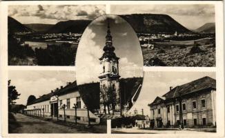 1943 Pelsőc, Plesivec; mozaiklap, gyógyintézet, Miklóssy-féle acélgyár / multi-view postcard, spa, steel factory (EK)