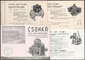 cca 1940 Csonka-féle benzinmotorok, össz. 5 db képes reklámnyomtatvány és prospektus, 23x15 cm és 29,5x21 cm között