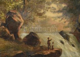 Jelzés nélkül, XIX. sz. osztrák v. német festő: Vízparti jelenet. Olaj, vászon, restaurált, sérült. ...