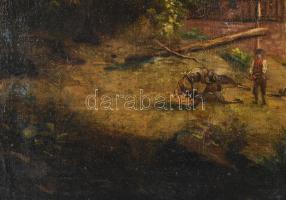 Jelzés nélkül, XIX. sz. osztrák v. német festő: Vízparti jelenet. Olaj, vászon, restaurált, sérült. ...