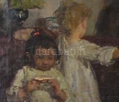 Olvashatatlan jelzéssel, XX. sz. eleje, magyar festő: Kislányok. Olaj, vászon. 50x70 cm