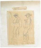 Iványi-Grünwald Béla (1867-1940): Parasztok (tanulmány). Ceruza, papír, jelezve jobbra lent: G B. Lap sarkai kartonra rögzítve. Gyűrődésekkel. 20x16 cm / pencil on paper, signed