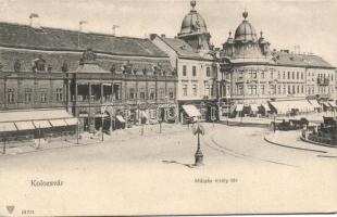 Kolozsvár King Mátyás square with the shops of Böckel, Reményik and Jeney