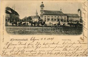 1901 Nagyszeben, Hermannstadt, Sibiu; Grosser Ring / Fő tér, templom, lovashintók. Carl F. Jickeli / main square, church, horse chariots (EB)