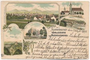 1895 (Vorläufer) Nagyszeben, Hermannstadt, Sibiu; Grosser Ring, Salzburg, Michelsberg, Naturwissenschaftliches Museum / Vízakna, Kisdisznód, tér, Természettudományi múzeum / Ocna Sibiului, Cisnadioara, museum. G. A. Seraphin Art Nouveau, floral, litho (Rb)