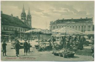 Temesvár, Timisoara; Kossuth Lajos tér, Takarékpénztár, piac, Winternitz Lipót üzlete, villamos. Gerő Manó kiadása / square, market, shops, savings bank, tram (EK)