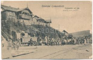 1917 Komandó, Comandau; úri lak, iparvasút gőzmozdonya, vonat. Bogdán F. fényképész kiadása / villa, industrial railway, train, locomotive (EK)