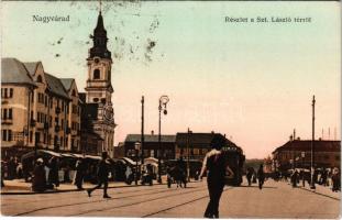 1922 Nagyvárad, Oradea; Szent László tér, piac, üzletek, villamos. Benkő Artur kiadása / square, market, shops, tram