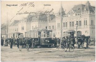 1906 Nagyvárad, Oradea; Indóház, vasútállomás, villamosok, lovaskocsi, kerékpáros fiú / railway station, trams, horse chariot, bicycle (EK)