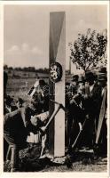 1938 Ipolyság, Sahy; bevonulás, magyar zászló &quot;A Felvidék felszabadulásának első örömünnepe&quot; / entry of the Hungarian troops, flag + &quot;1938 Az első visszatért magyar város Ipolyság&quot; So. Stpl.