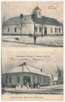 1916 Kisszentmiklós, Sannicolaul Mic (Arad); Iskola, Hartmann péksége és fűszer üzlete télen / Schule, Bäckerei und Spezerei Geschäft / school, bakery and shop in winter (fa) + K.U.K. BRIEFZENSUR ARAD