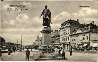 1915 Marosvásárhely, Targu Mures; Bem szobor, Benjamin Adolf, József Emil, Hary Géza üzlete, kávé pörkölde / statue, monument, shops, cafe roastery (EK)