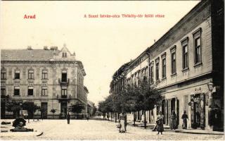 Arad, Szent István utca a Thököly tér felől, piac, Vondra Demeter üzlete. Kerpel Izsó kiadása / street, market, shops