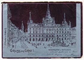 1899 (Vorläufer) Graz, Herrengasse u. Rathaus. F. Fischer / town hall, street. Art Nouveau metallic foil (EB)