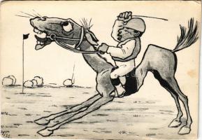 Lóverseny karikatúra, zsoké / Horse racing caricature, humour, jockey s: Kiss (EK)