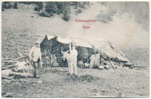 1908 Brassó, Kronstadt, Brasov; Schulergebirge, Ruya / Postavaru, Ruia / Keresztényhavas, Ruja, kunyhó. H. Zeidner kiadása / mountain peak, cottage