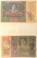 1902-1920. 36db-os Korona bankjegy tétel mind felülbélyegzéssel vagy bélyeggel ellátva, továbbá hami...