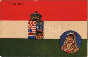 Hongrie / Magyar Királyság középcímere, magyar zászló / Kingdom of Hungary, Hungarian flag and coat of arms, including coat of arms of the Lands of the Crown of Saint Stephen (Croatia, Dalmatia, Slavonia, Bosnia, Fiume, Transylvania). litho (EB)