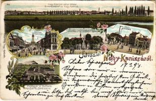 1898 (Vorläufer) Nagykanizsa, Fő utca és tér, Malátagyár és serfőzde, sörgyár, Eötvös tér, Szentháromság szobor. Fischel Fülöp kiadása, Art Nouveau, floral, litho (r)
