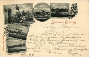 1899 (Vorläufer) Hortobágy, Pásztorok étkezése, Debreceni ekhós szekér, Pányvavetés, Ökörgulya, Kilenclyukú híd, magyar folklór. Art Nouveau, floral (EK)