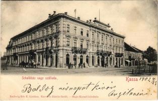 1902 Kassa, Kosice; Schalkház nagyszálloda, Fried Márk üzlete. Eschwig Ede E. kiadása / hotel, tram, shops (EB)
