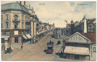 1914 Arad, Andrássy tér, Deutsch testvérek és Glück Dezső üzlete, emeletes autóbusz. Bloch H. kiadása / square, shops, double-decker autobus