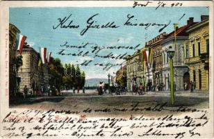 1901 Bród, Nagyrév, Slavonski Brod, Brod na Savi; Jelacicev trg / tér magyar zászlókkal / square with Hungarian flags (EK)