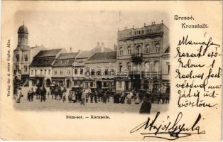 1905 Brassó, Kronstadt, Brasov; Búza sor, üzletek, lovashintók / Kornzeile / street view, shops, horse chariots (fl)