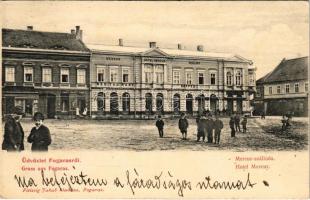 1915 Fogaras, Fagaras; Mercur szálloda, étterem és kávézó, Radler Antal fodrász és borbély terme, üzlete. Fleissig Jakab kiadása / square, hotel, shops