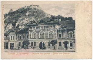 1904 Barcarozsnyó, Rozsnyó, Rosenau, Rasnov; Hotel u. Burg, Gasthaus zur Rosenauer Burg / Szálloda Barcarozsnyó várához, háttérben a vár / hotel, castle ruins. J. E. Steegmüller Photograph (kis szakadás / small tear)