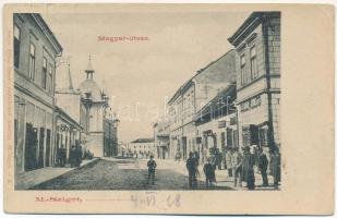 1918 Máramarossziget, Sighetu Marmatiei; Magyar utca, Káhán Jüdel zsidó üzlete. Berger Miksa kiadása / street, Jewish shop (gyűrődések / creases)