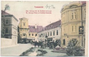 1907 Temesvár, Timisoara; Szt. György tér, Erdélyi laktanya, Pilzeni sörcsarnok, kőnyomda, Leitenbor József és Kreiner J. üzlete, Georg Holz vendéglője / square, military barracks, beer hall, shops, restaurant, stoone printing press