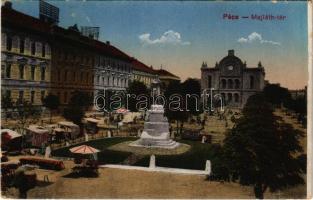 1917 Pécs, Majláth tér, zsinagóga, piac, Kossuth szobor (EK)