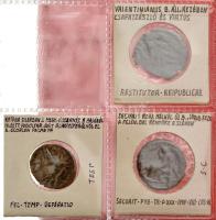 Római Birodalom 7db-os bronz érmetétel a ~III-IV. századból, 2db fekete műbőr berakóban, benne I. Li...