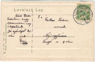 1908 Debrecen, Vasútállomás. Mihály Sámuel kiadása, Szecessziós dombornyomott litho keret / Art Nouv...