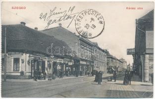 1909 Szeged, Kárász utca, Pianino raktár, Fiumei kávéház, Burkus András és Wizner Jenő üzlete. Alth Lajos kiadása (EK)