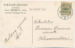 1905 Pécs, Virágh József kocsigyáros reklámja. Siklósi országút 33. sz., lovas hintó (szakadás / tea...