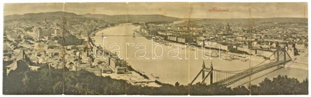 Budapest, Látkép a Gellérthegyről, felállványozott, épülő Erzsébet híd. Kihajtható 5-részes panorámalap / bridge construction, foldable 5-tiled panoramacard (r)