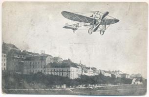 Budapest I. Bleriot repülőgépe a Vérmező és Váralja felett, montázs. Löbl D. és fia kiadása