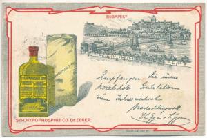 1909 Budapest VI. Syr. Hypophosphit. Co. Dr. Egger Leó és Egger Izidor gyógyszerészek köhögés elleni szirupjának reklámja. Budapest Váci körút 17. (Bajcsy-Zsilinszky út). Szegő Lipót kiadása / Hungarian pharmacists&#039; cough syrup advertisement. Art Nouveau litho (Rb)