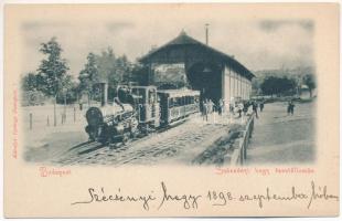 1898 (Vorläufer) Budapest XII. Széchenyi-hegy fogaskerekű vasútállomás, gőzmozdony, vonat, Villa Eötvös reklám. Károlyi György kiadása