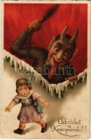 1926 Üdvözlet a Krampusztól! / Krampus with girl, birch and chains (ázott sarkak / wet corners)