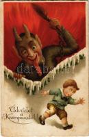 1928 Üdvözlet a Krampusztól! / Krampus with boy, birch and chains (EB)