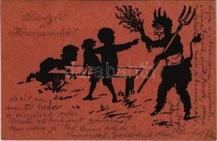 1922 Üdvözlet a Krampusztól! / Krampus with birch and children, silhouette (EK)