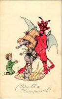 Üdvözlet a Krampusztól / Krampus pours a bucket of children into hell. H.H.i.W. Nr. 696.