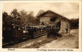 1926 Budapest XII. Svábhegy, Fogaskerekű vasút felső állomása, vasútállomás, gőzmozdony, vonat, Mona Lisa fényképész reklámja (EK)