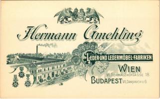 Budapest VII. Hermann Gmehling bőr- és bőrbútorgyára Budapesten és Bécsben. Damjanich utca 6. / Hermann Gmehling's Leder und Ledermöbel-Fabriken / advertisement card, leather and leather-furniture factory in Budapest and Wien. Art Nouveau, floral (non PC)