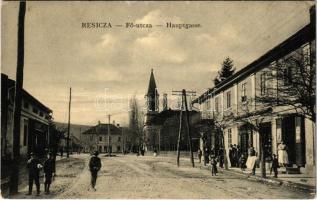 Resicabánya, Resicza, Recita, Resita; Fő utca, templom, üzletek. Braumüller L. kiadása / main street, church, shops (EK)